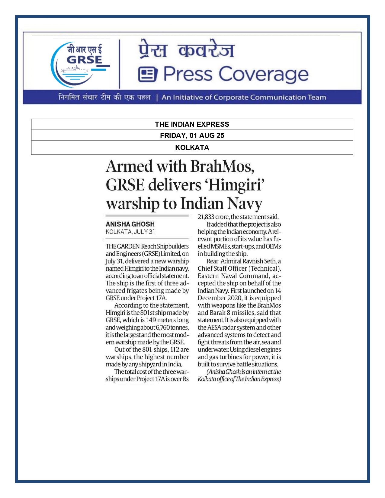 Press Coverage : 1 Aug 25:Another indigenous warship joins Navy